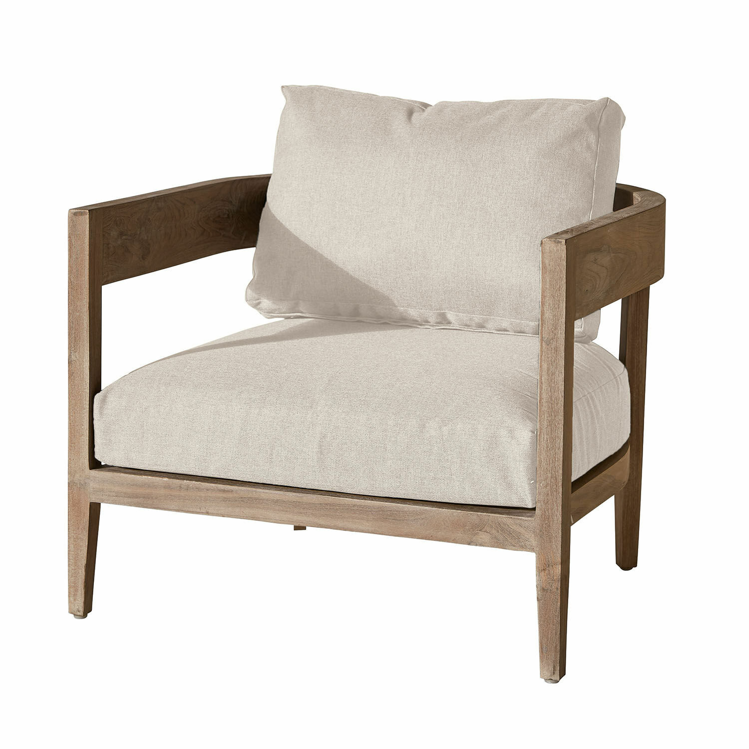 Sessel Courtelevant mit cremefarbenem Stoff und braunem Holzrahmen, moderner Wohnzimmersessel