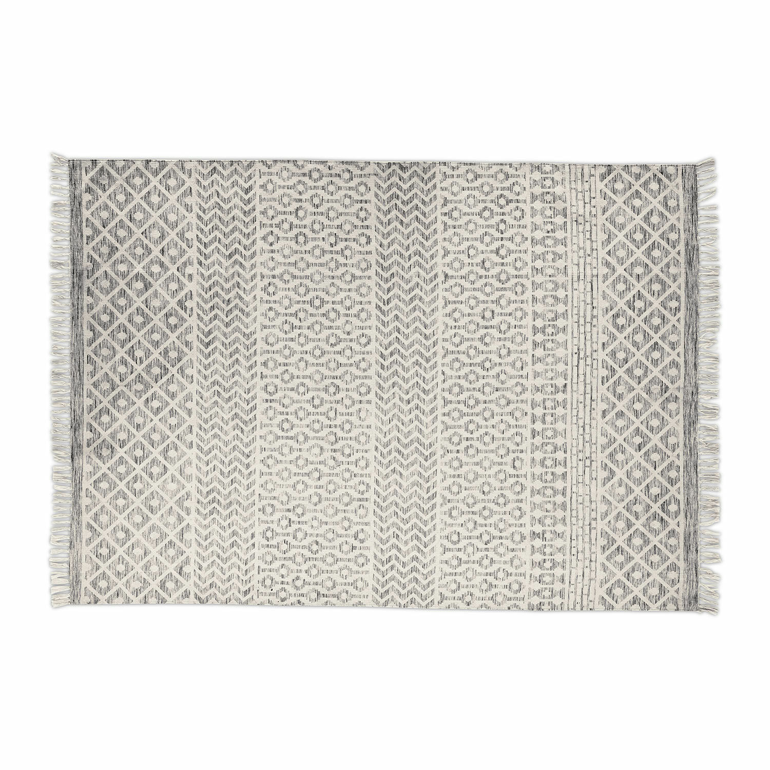 In- & Outdoor-Teppich Champigny Baumwollteppich in Grau-Weiss mit geometrischem Muster und Fransen, Wohn- und Bodenbelag