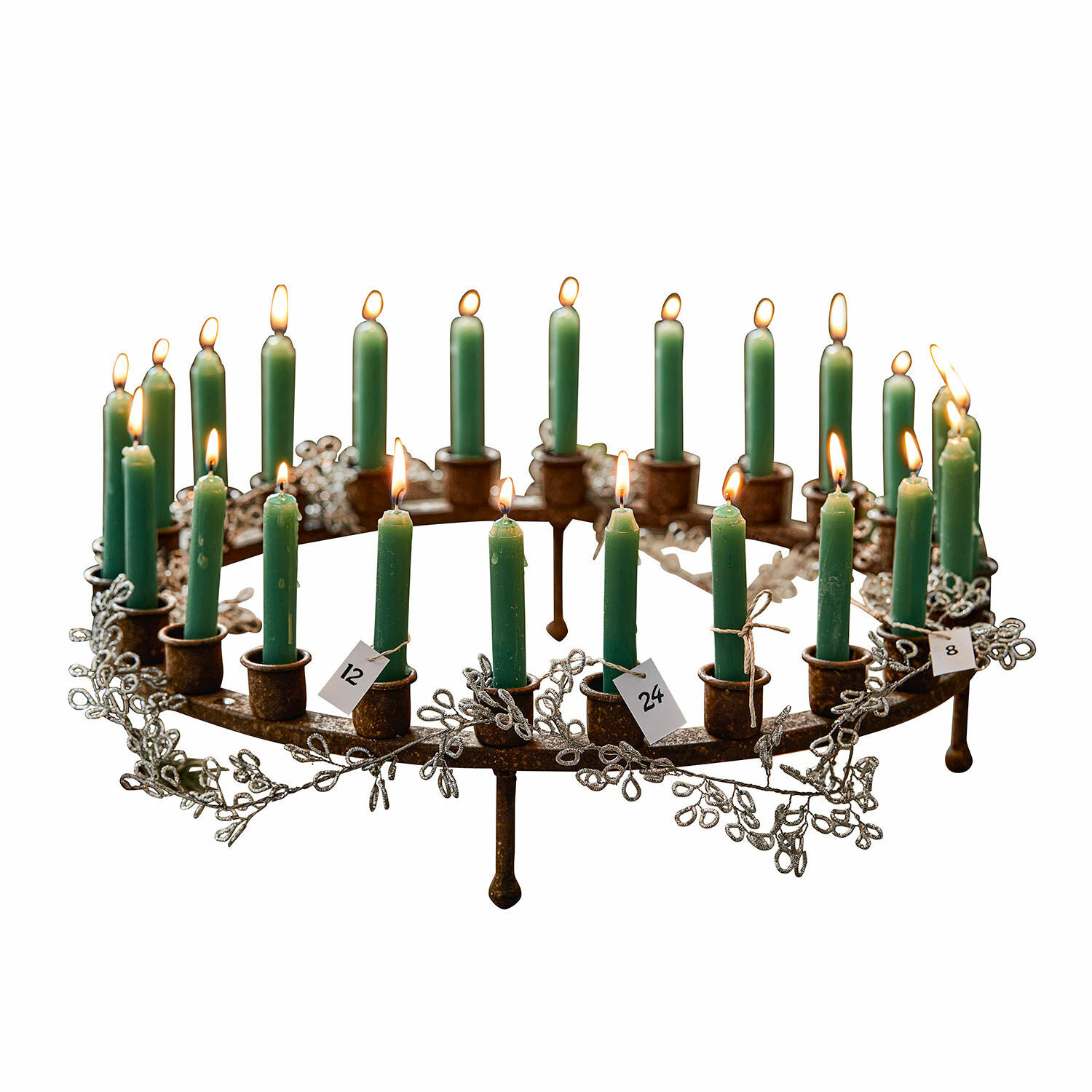 Kerzenkranz Margarit Metall-Adventskranz mit grünen Kerzen und silbernen Zweigdekorationen für Weihnachten
