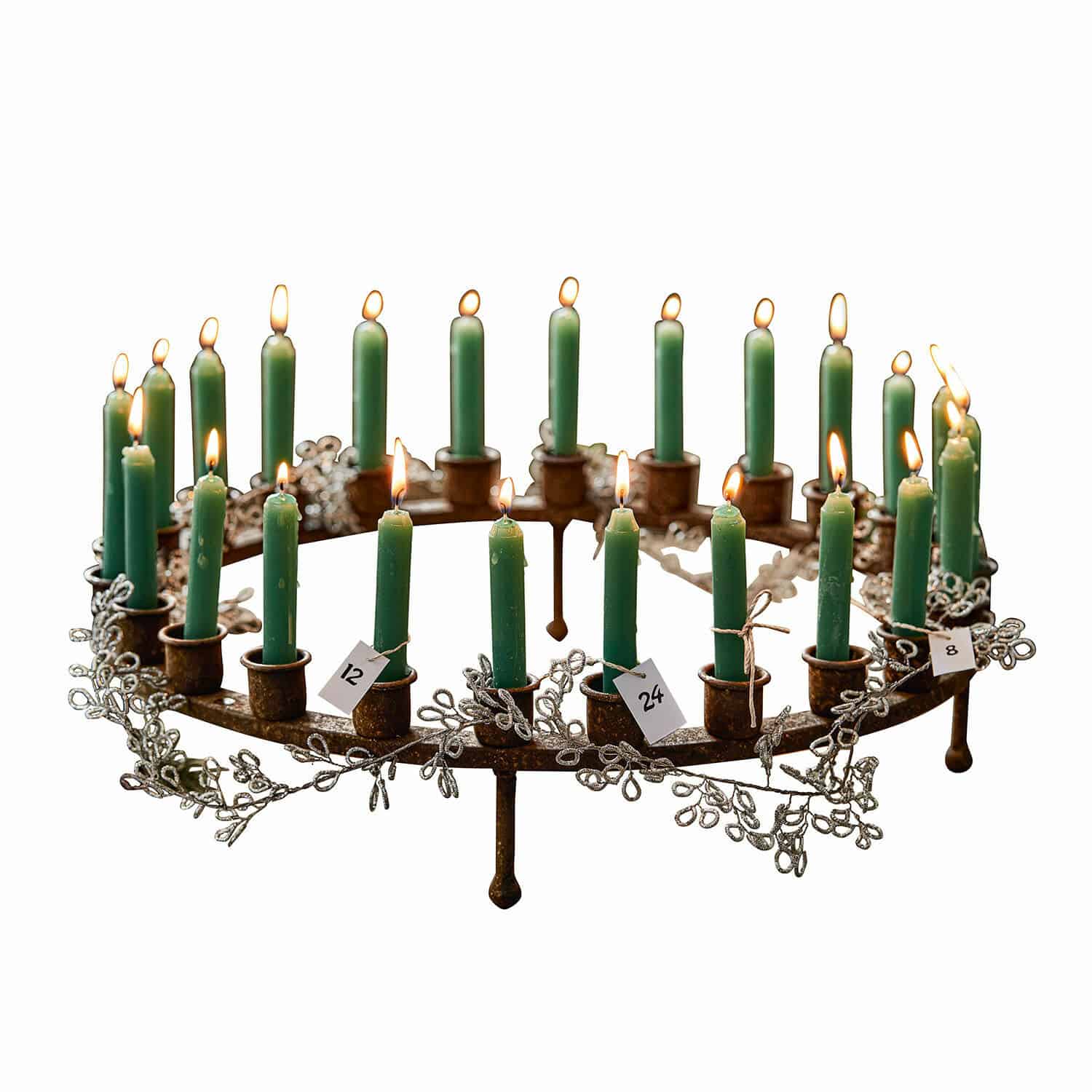 Kerzenkranz Margarit Metall-Adventskranz mit grünen Kerzen und silbernen Zweigdekorationen für Weihnachten