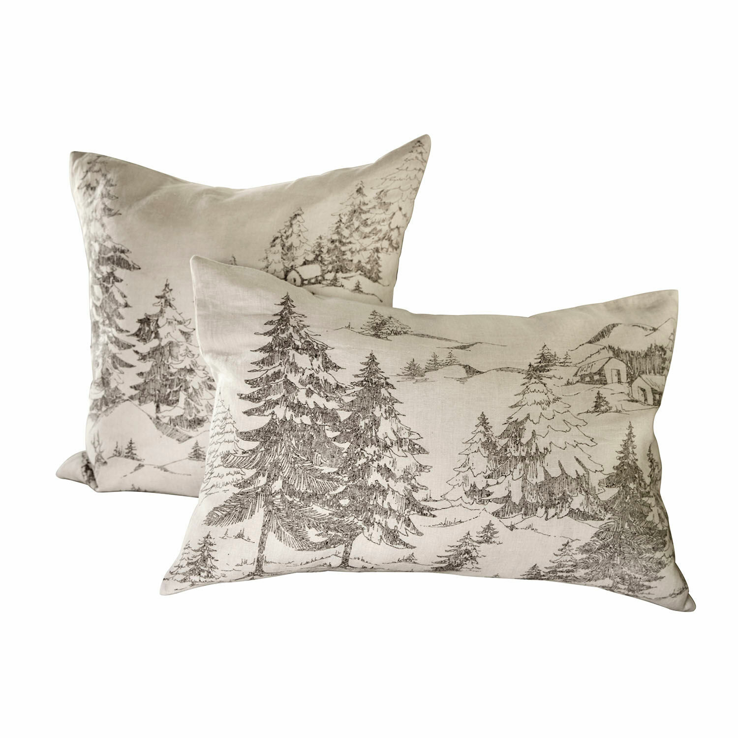 Kissenhülle 2er Set Fabrielle Set aus zwei beigen Leinenkissen mit Waldlandschaftsprint, dekorative Kissen fürs Wohnzimmer