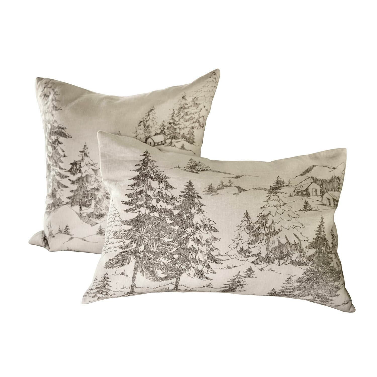 Kissenhülle 2er Set Fabrielle Set aus zwei beigen Leinenkissen mit Waldlandschaftsprint, dekorative Kissen fürs Wohnzimmer