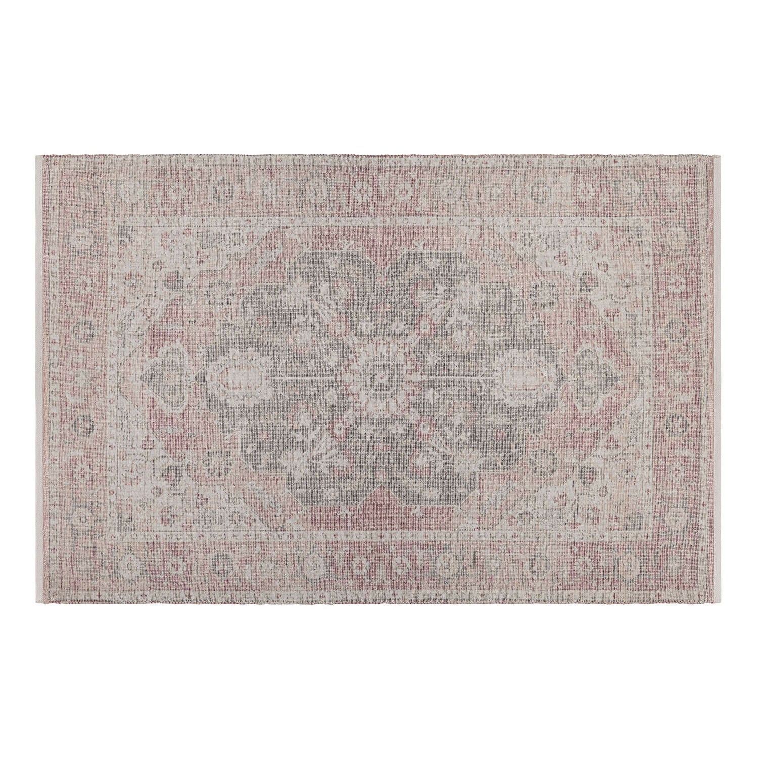Orientalischer Teppich in Pastellrosa und Grau mit feinem Muster, synthetisches Material