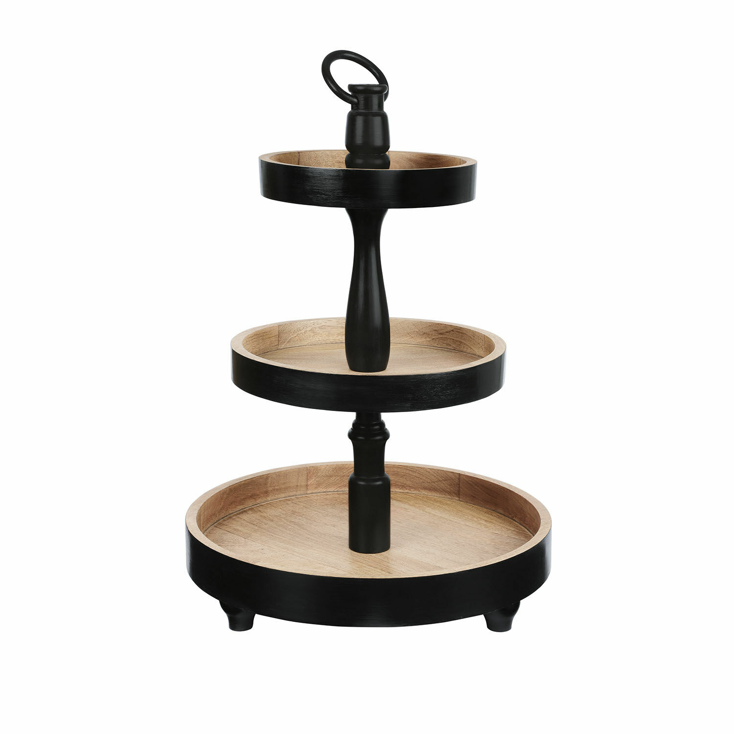 Dreistöckige Etagere aus Holz in Antikschwarz und Naturholzfarben für stilvolle Aufbewahrung