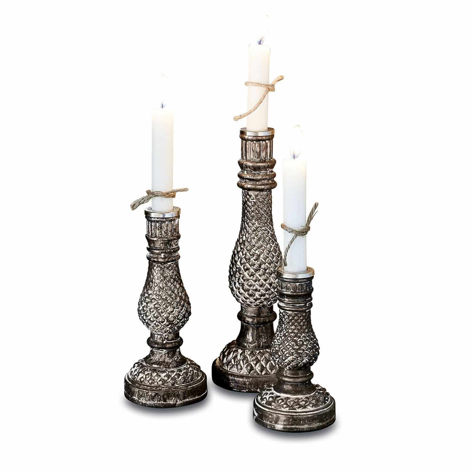 Kerzenständer 3er Set Toul Drei dekorative Metallkerzenhalter mit weissen Kerzen und Juteschnur, stilvolle Wohnaccessoires