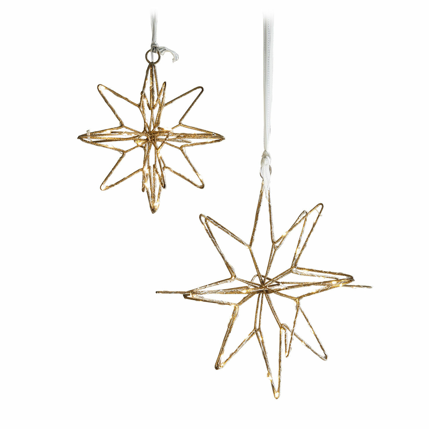 LED-Stern 2er Set Pérole Goldene Metallsterne mit LED-Beleuchtung zum Aufhängen, festliche Weihnachtsdekorationen