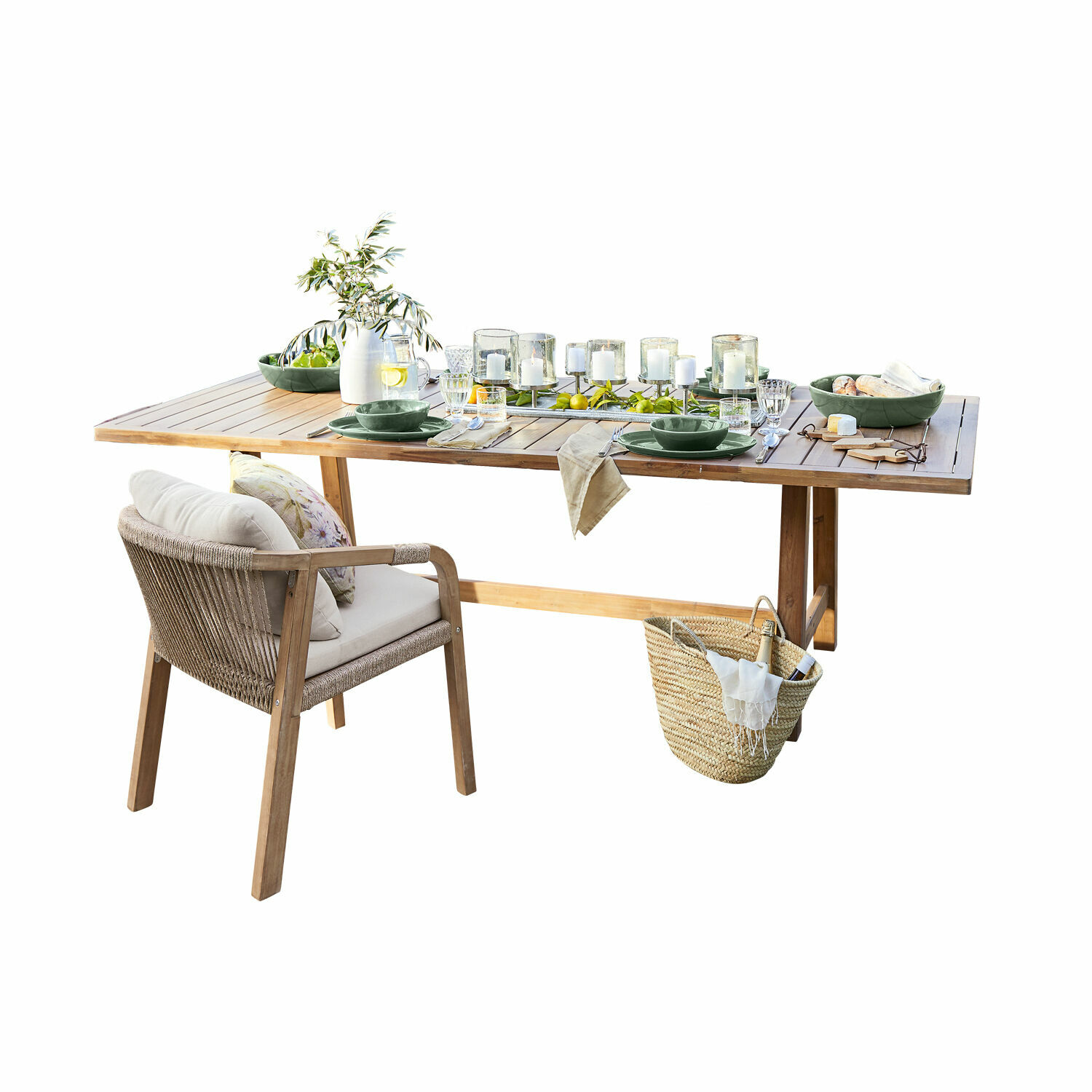 Tisch FSC®-100% Kennedy Holz-Gartentisch mit grünem Geschirr und gepolstertem Stuhl, Terrassendekoration