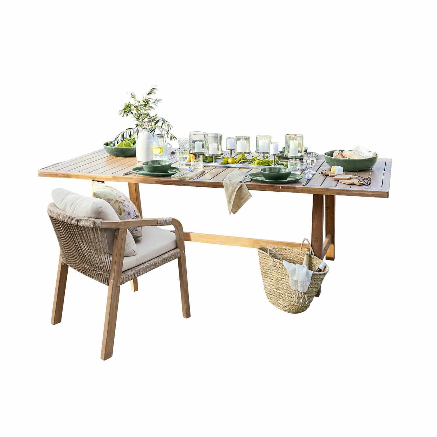 Tisch FSC®-100% Kennedy Holz-Gartentisch mit grünem Geschirr und gepolstertem Stuhl, Terrassendekoration