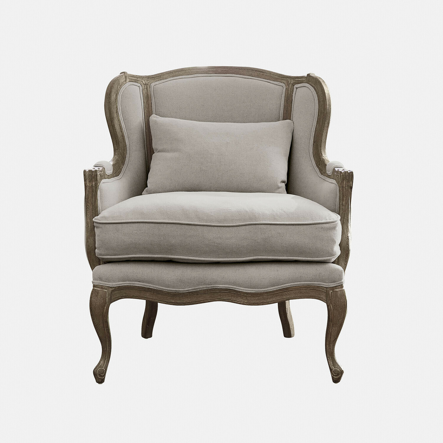 grau Kingswinford Sessel mit grauem Stoffbezug und geschnitztem Holzrahmen im Vintage-Stil
