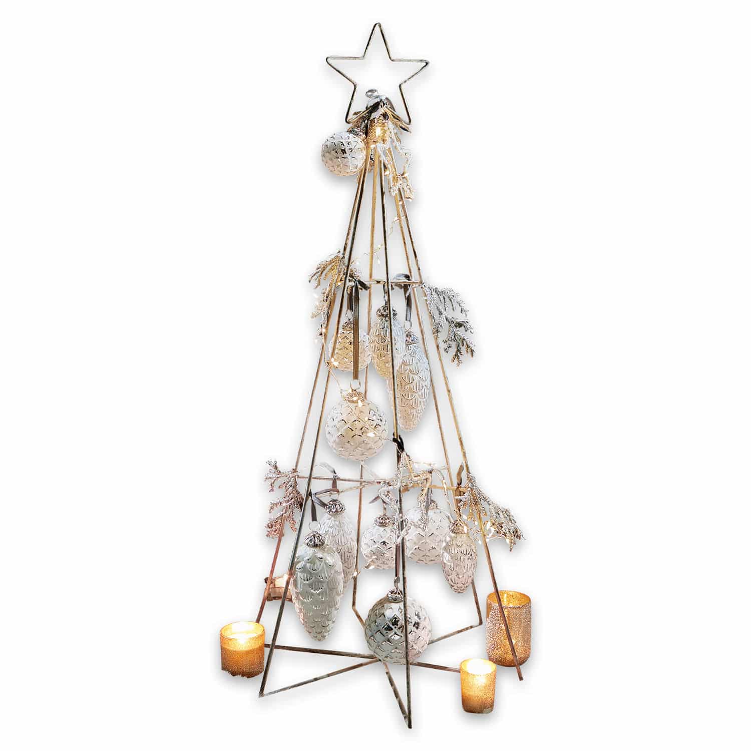 Deko-Baum Minstry Metall-Weihnachtsdekoration in Kegelform mit weissen Kugeln und Kerzen für festliche Stimmung