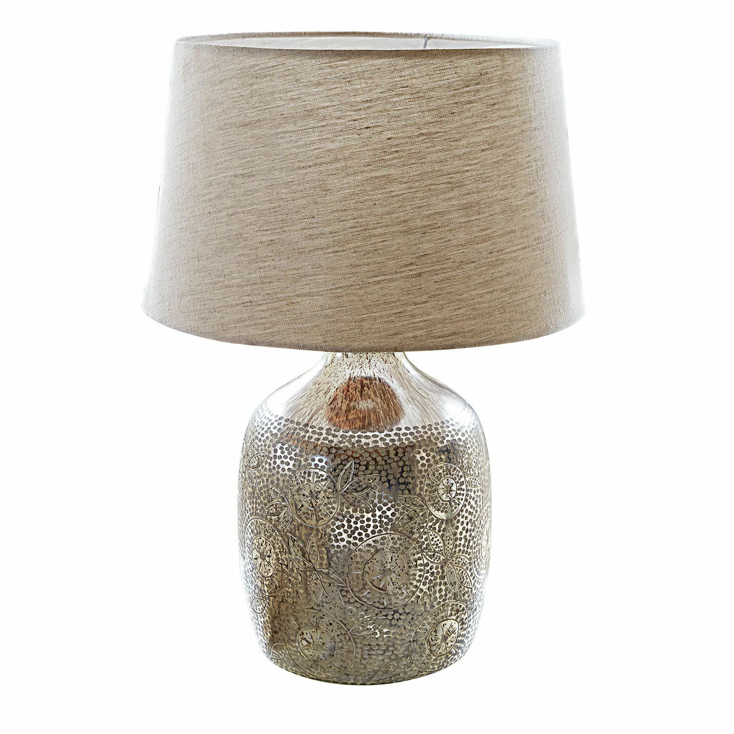 Tischlampe Leonarda Tischlampe mit beigem Lampenschirm und verziertem braunem Glasfuss für Wohnraumbeleuchtung