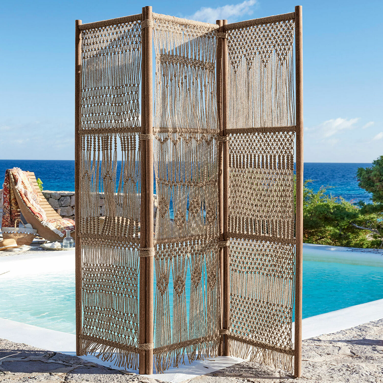 Paravent Tarik Paravent aus Naturseil und Holz in Beige, ideal als Sichtschutz für Garten und Terrasse