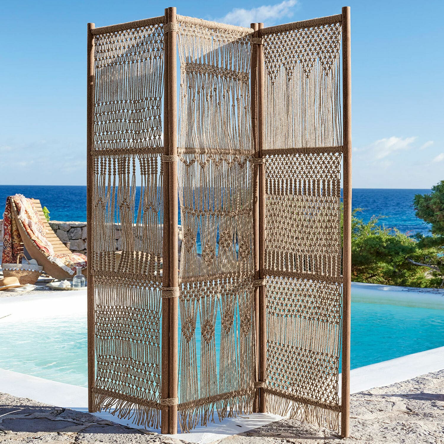 Paravent Tarik Paravent aus Naturseil und Holz in Beige, ideal als Sichtschutz für Garten und Terrasse