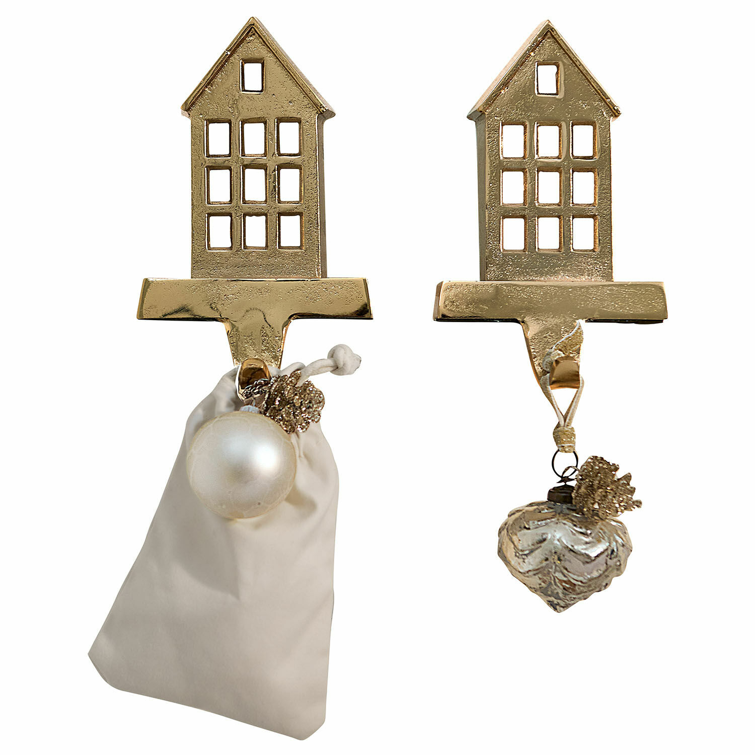 Haken 2er Set Xanique Goldene Metallhaken in Hausform mit Weihnachtsanhängern und beigefarbenem Stoffbeutel