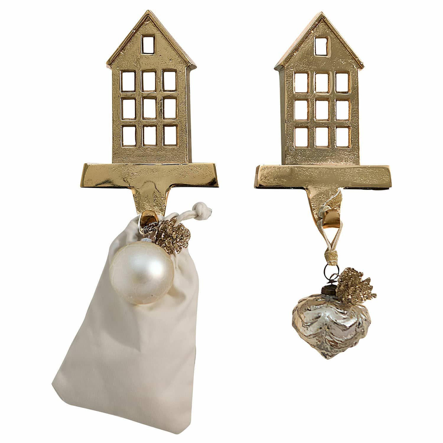 Haken 2er Set Xanique Goldene Metallhaken in Hausform mit Weihnachtsanhängern und beigefarbenem Stoffbeutel