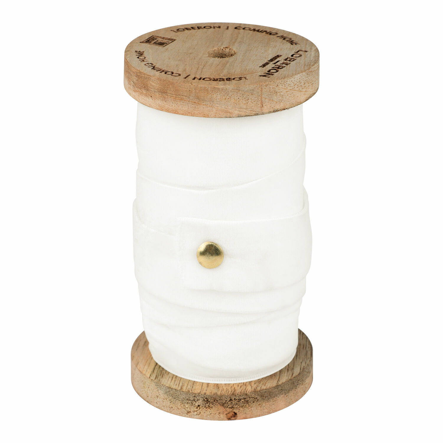 Cremefarbenes Samtband auf Holzspule, ideal für Dekoration und Bastelarbeiten.