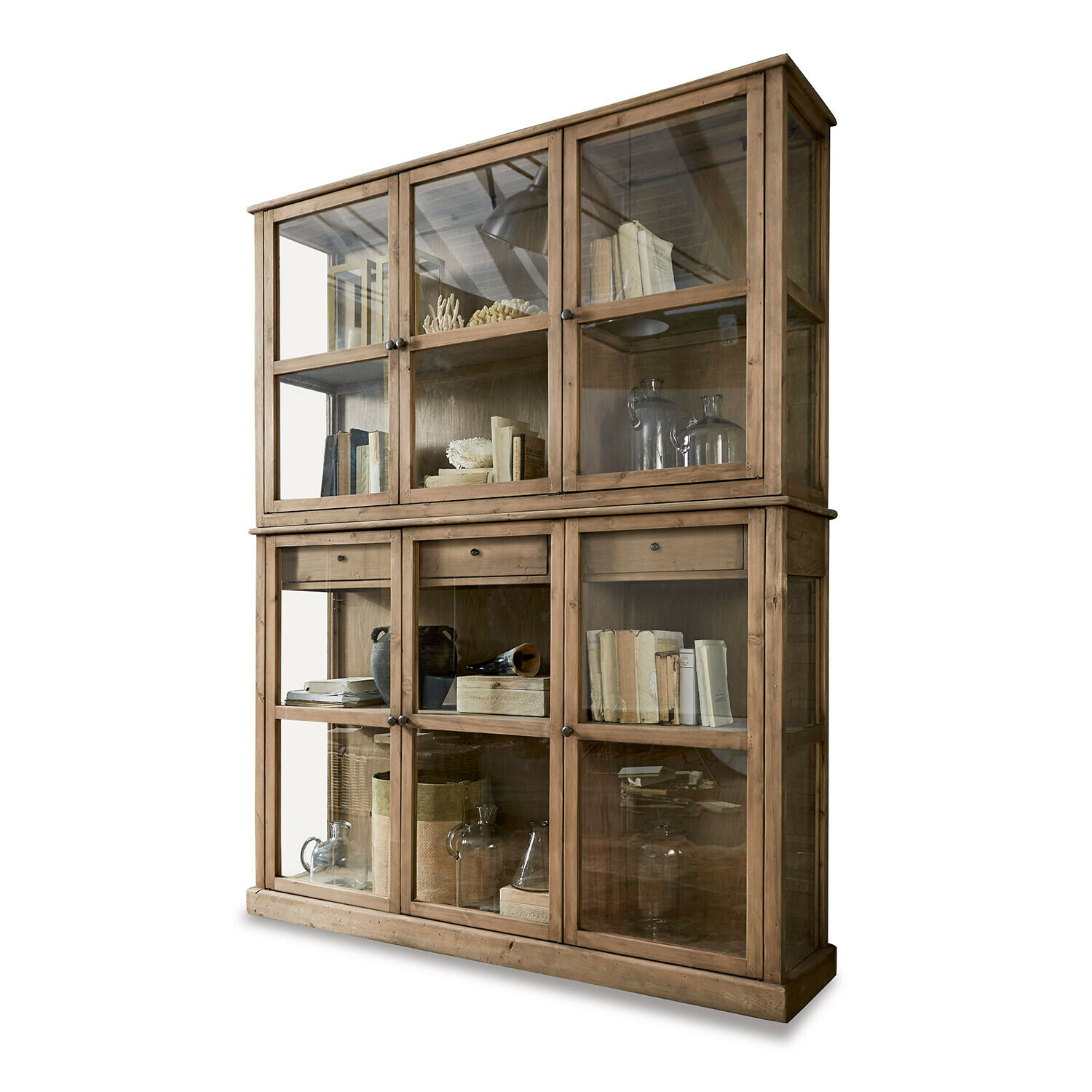 Grosser Blaise-Schrank aus antikbraunem Holz mit Glastüren und Regalen für Bücher und Dekorationen