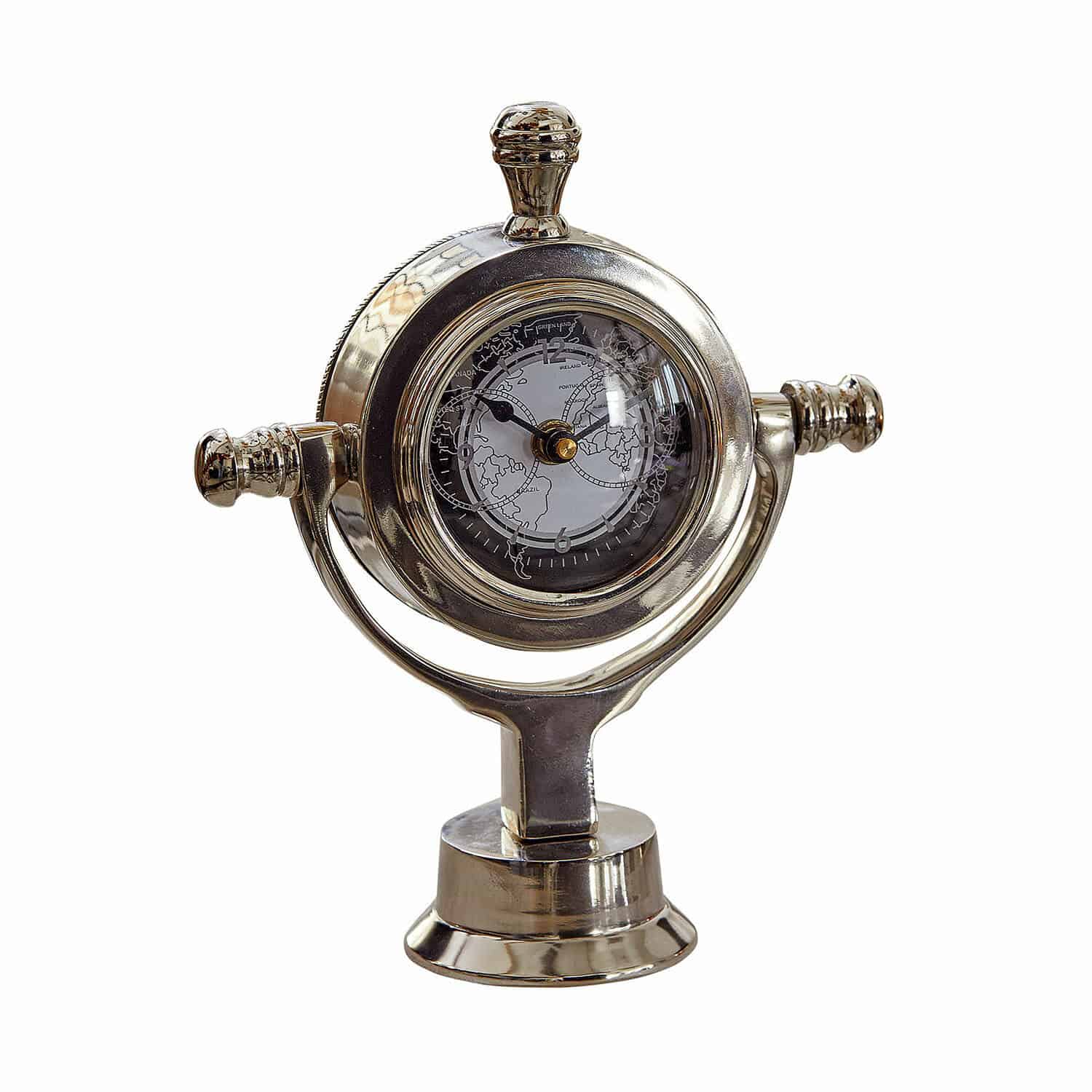 Uhr Iskora Silberfarbige Metall-Tischuhr mit Weltkarte, elegante Dekoration für Büro und Zuhause