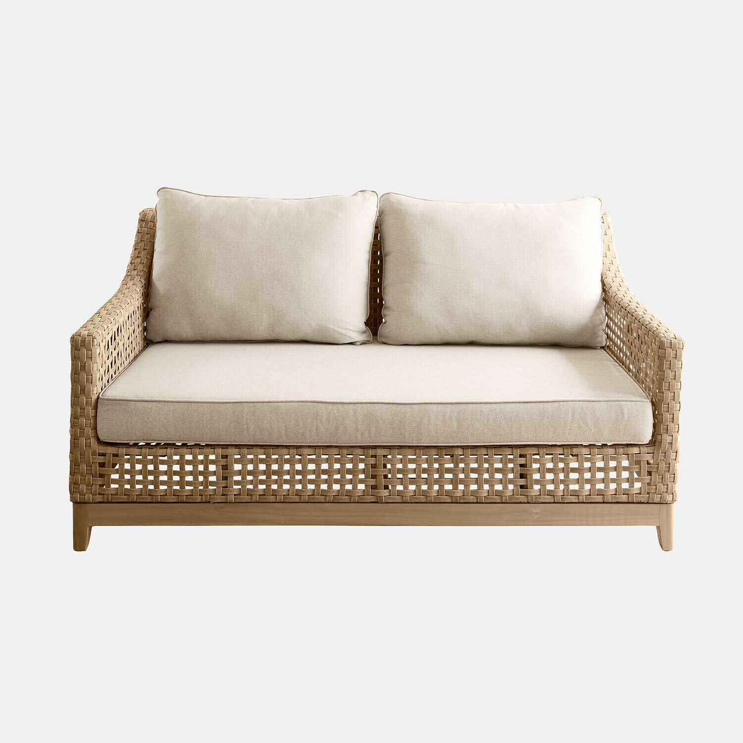 Sofa Isolara Geflochtenes Rattan-Sofa mit beigen Kissen und Holzgestell, gemütliches Wohnzimmermöbel