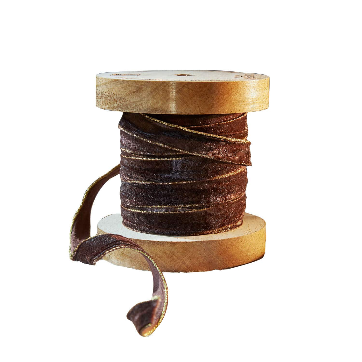 Samtband Sorima Braunes Samtband mit goldener Kante auf Holzspule, geeignet für Dekoration und Basteln