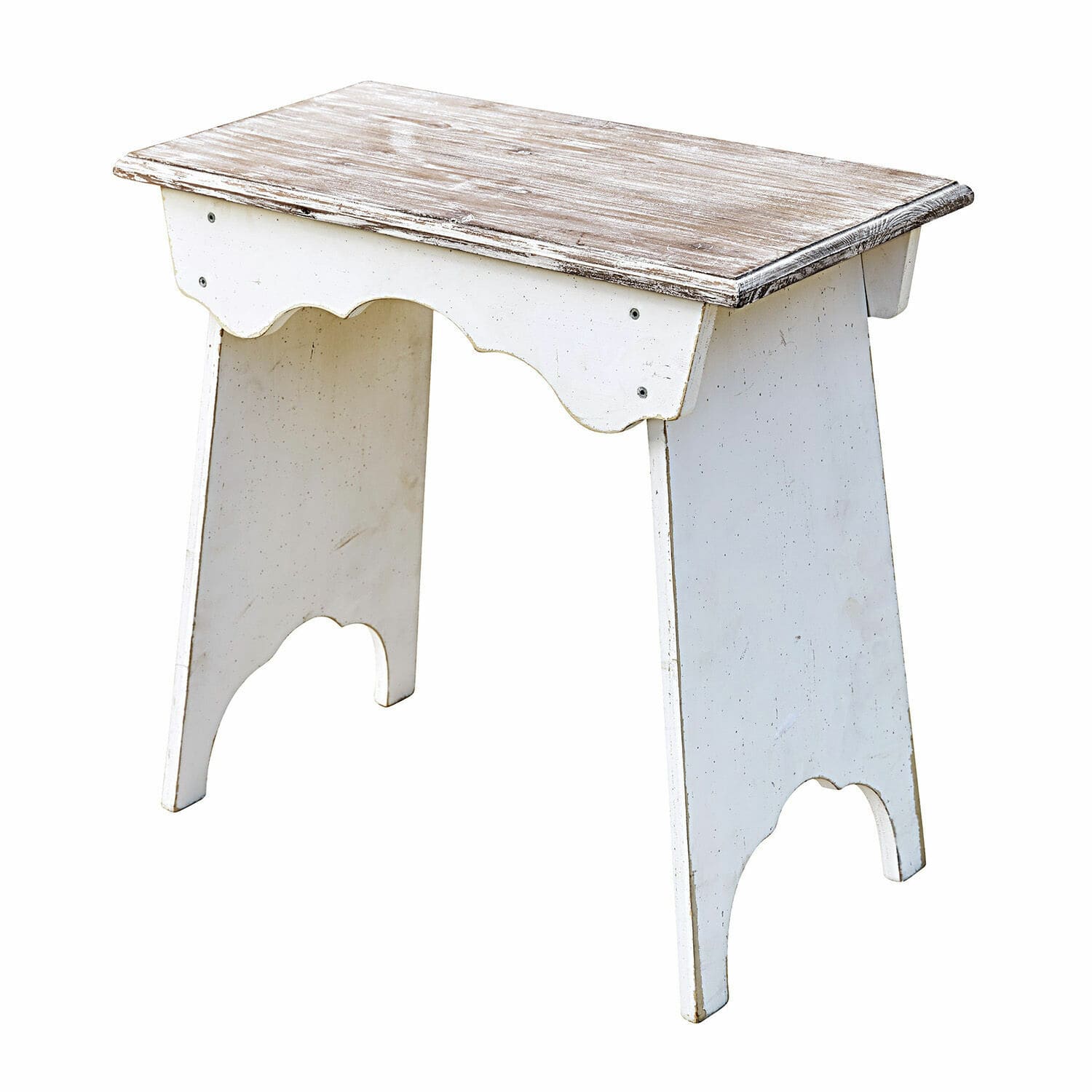 Hocker Fria Weisser Holzschemel mit abgenutzter Vintage-Platte für rustikales Interieur