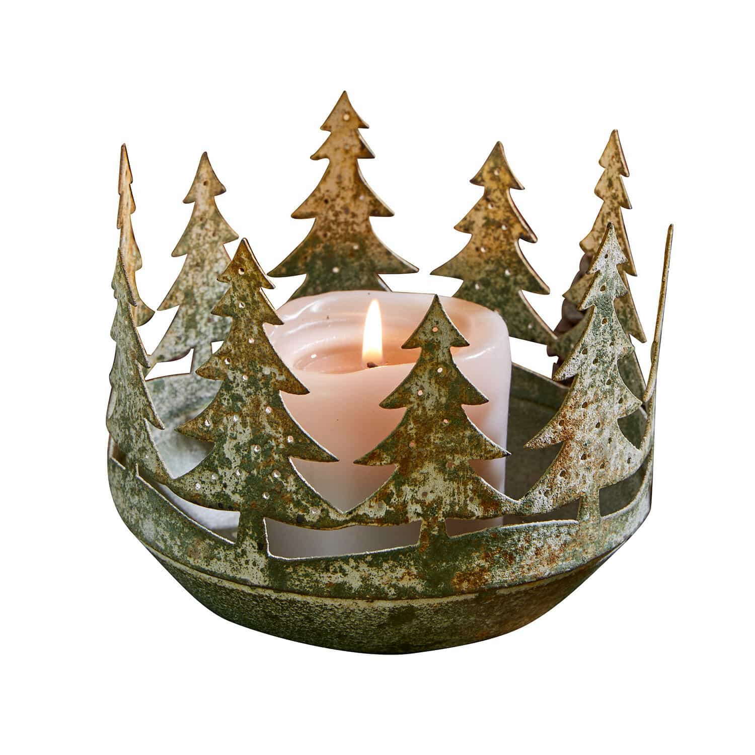 Windlicht Norundra Metall-Kerzenhalter mit Tannenbaum-Motiv in grün-rostmatt mit weisser Kerze, Weihnachtsdeko