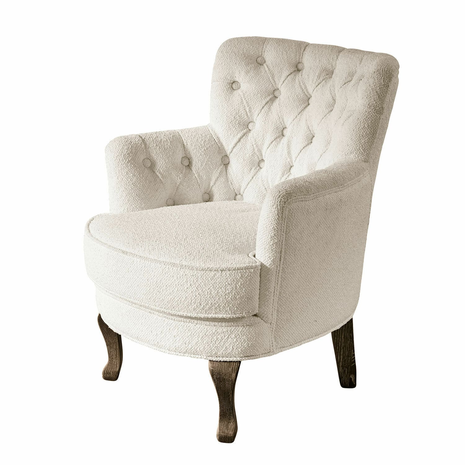 Sessel Calgary Eleganter Sessel aus cremefarbenem Bouclé-Stoff mit Holzbeinen für gemütliches Wohnen.