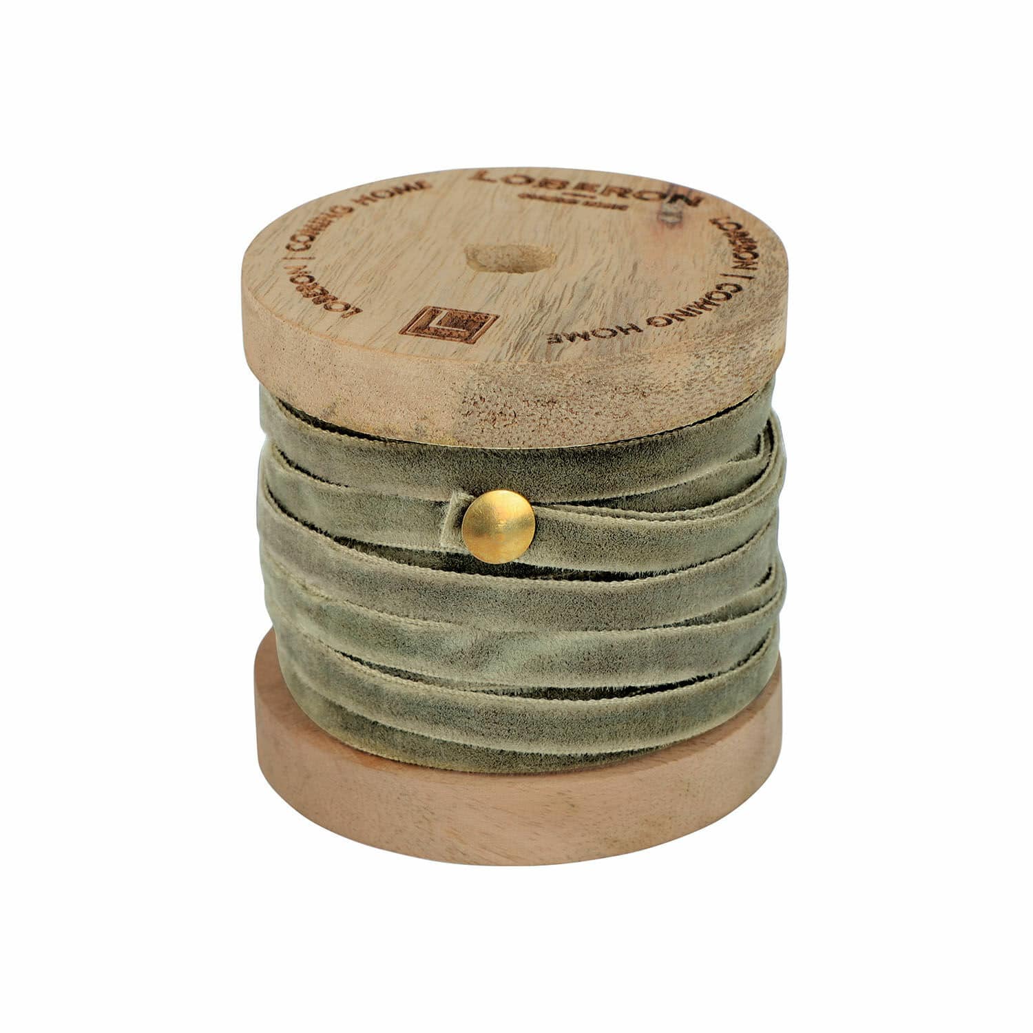 Grünes Samtband Olessa auf Holzspule für Dekoration und Bastelarbeiten