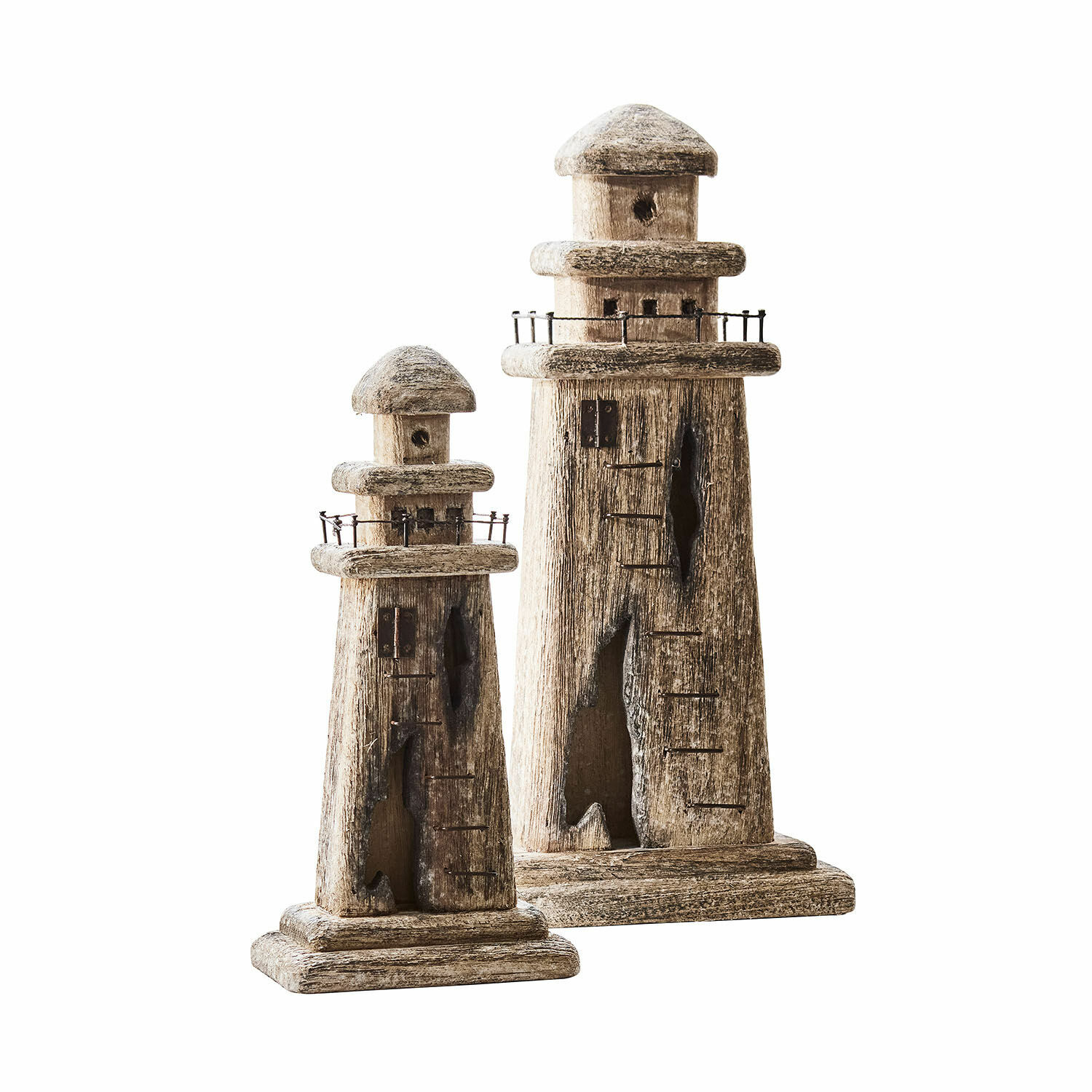 Deko-Leuchtturm 2er Set Bourgneuf Zwei dekorative Leuchttürme aus Holz in natürlichem Braun, verschiedene Grössen, Wohn- und Gartendekoration