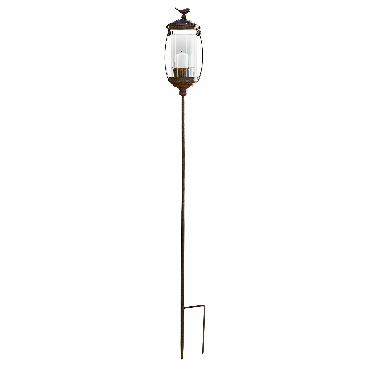 Laterne Nexoril Dekorative Gartenlaterne aus braunem Metall mit klarem Glas und weisser Kerze auf Erdspies