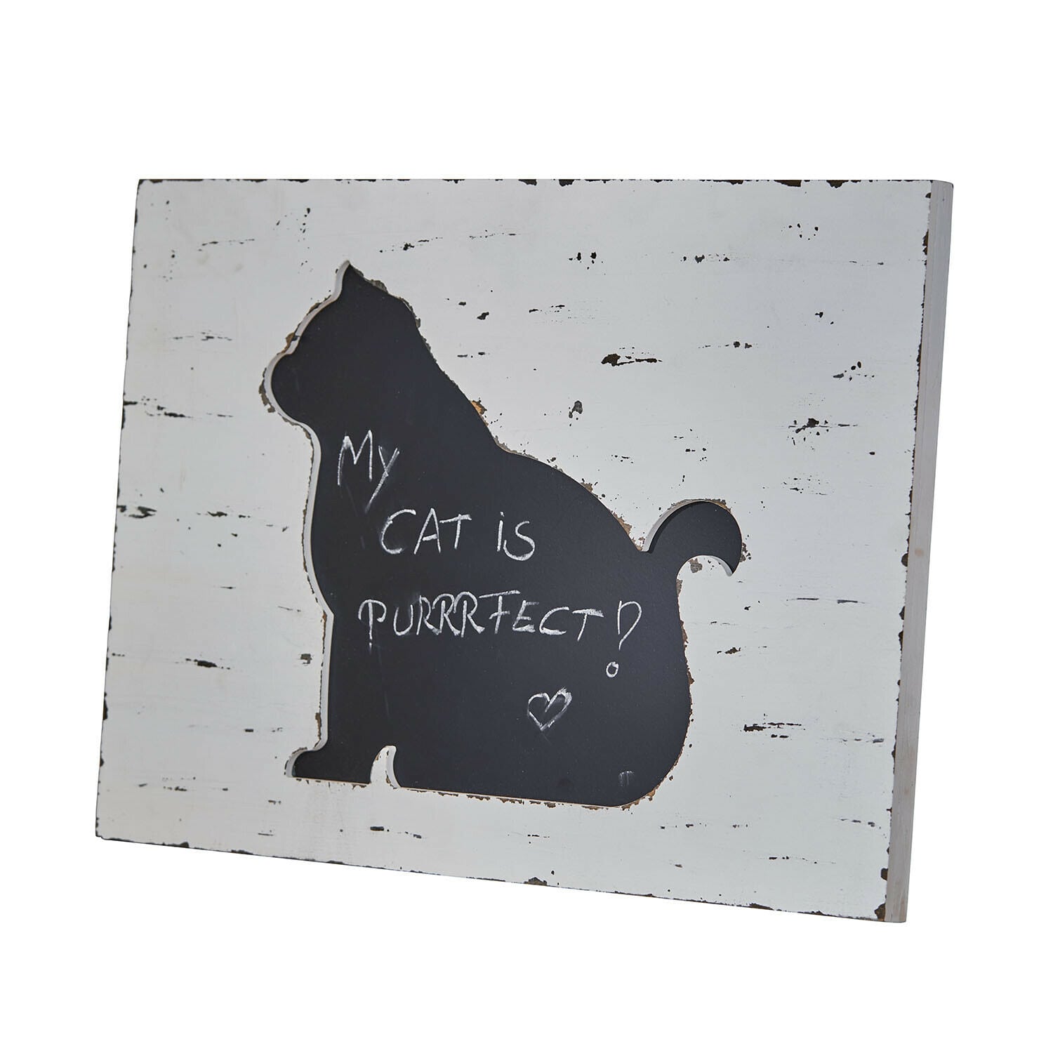 Tafel Viviennea Kreidetafel aus weiss lackiertem Holz mit schwarzer Katzenform und Text über perfekte Katze