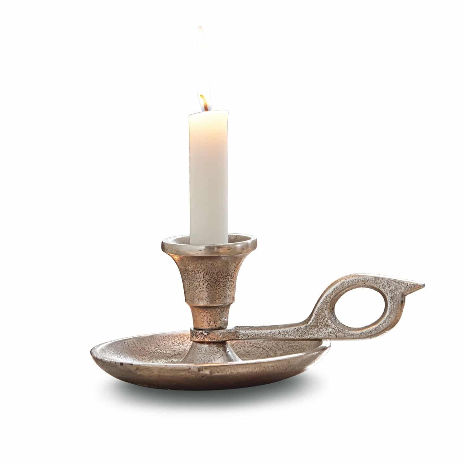 Kerzenständer Aida Metall-Kerzenhalter mit Griff in Silberfarbe und brennender weisser Kerze