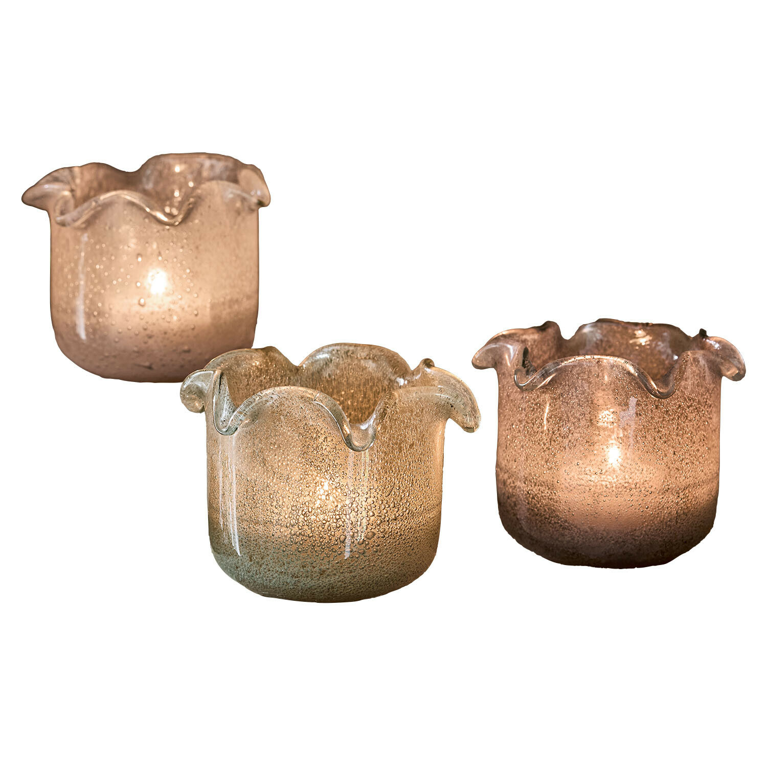 Windlicht 3er Set Venara Set mit drei Glas-Teelichthaltern mit welligem Rand in Braun- und Beigetönen zur Wohnraumdekoration