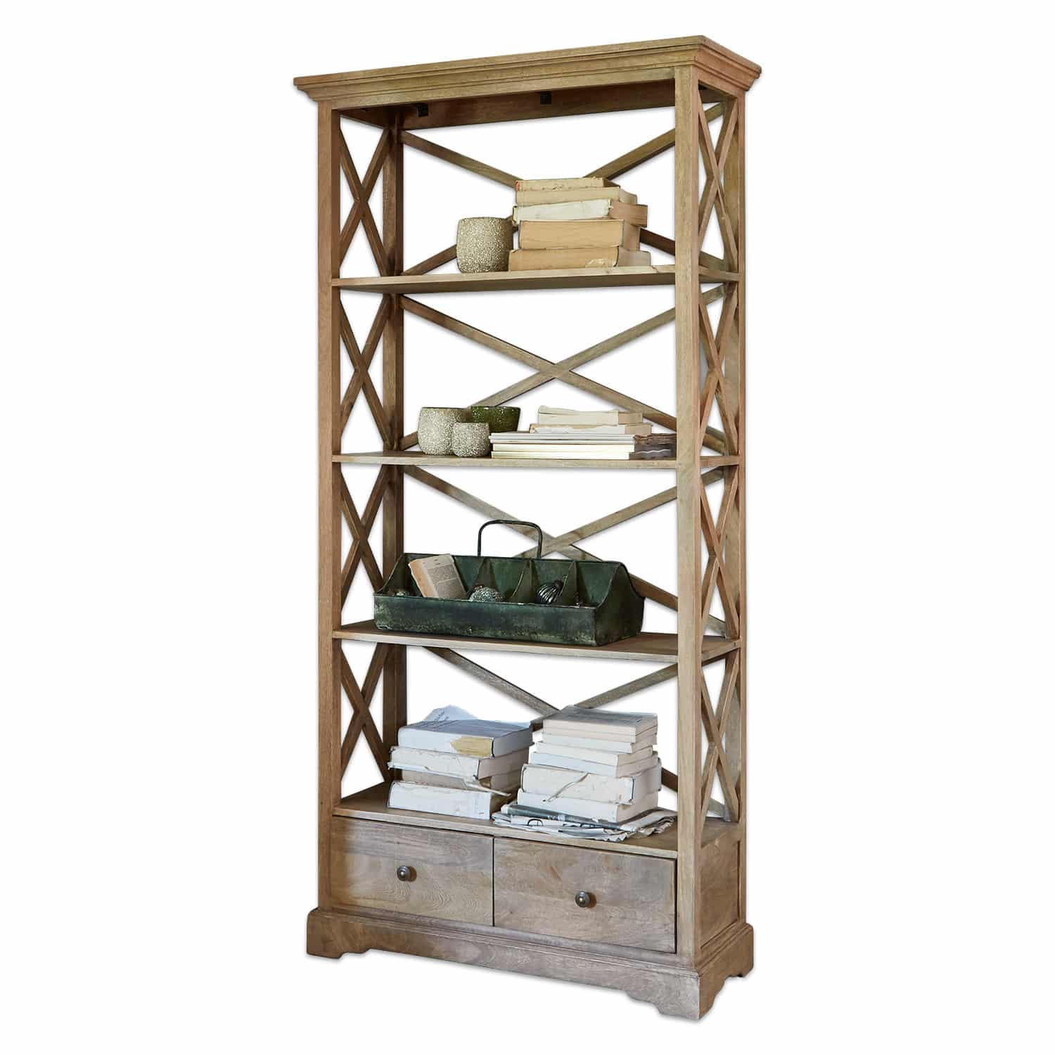 Regal Vélu Offenes Bücherregal aus Holz mit vier Ablagen und zwei Schubladen in Naturfarbe für Wohnräume