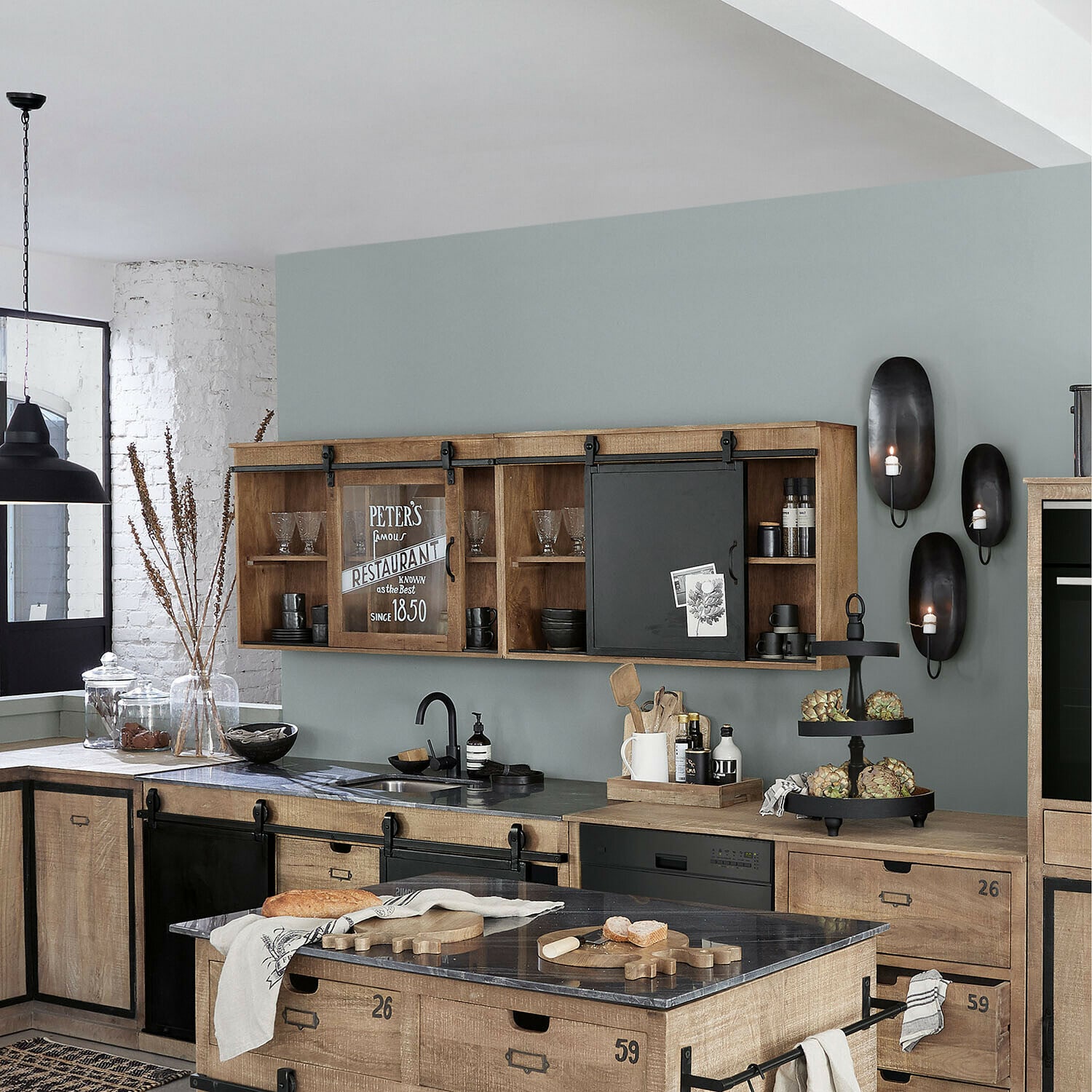 Hängeschrank 2er Set Oakland Holz-Küchenschrank mit Schiebetüren aus Glas und Metall im Industriestil