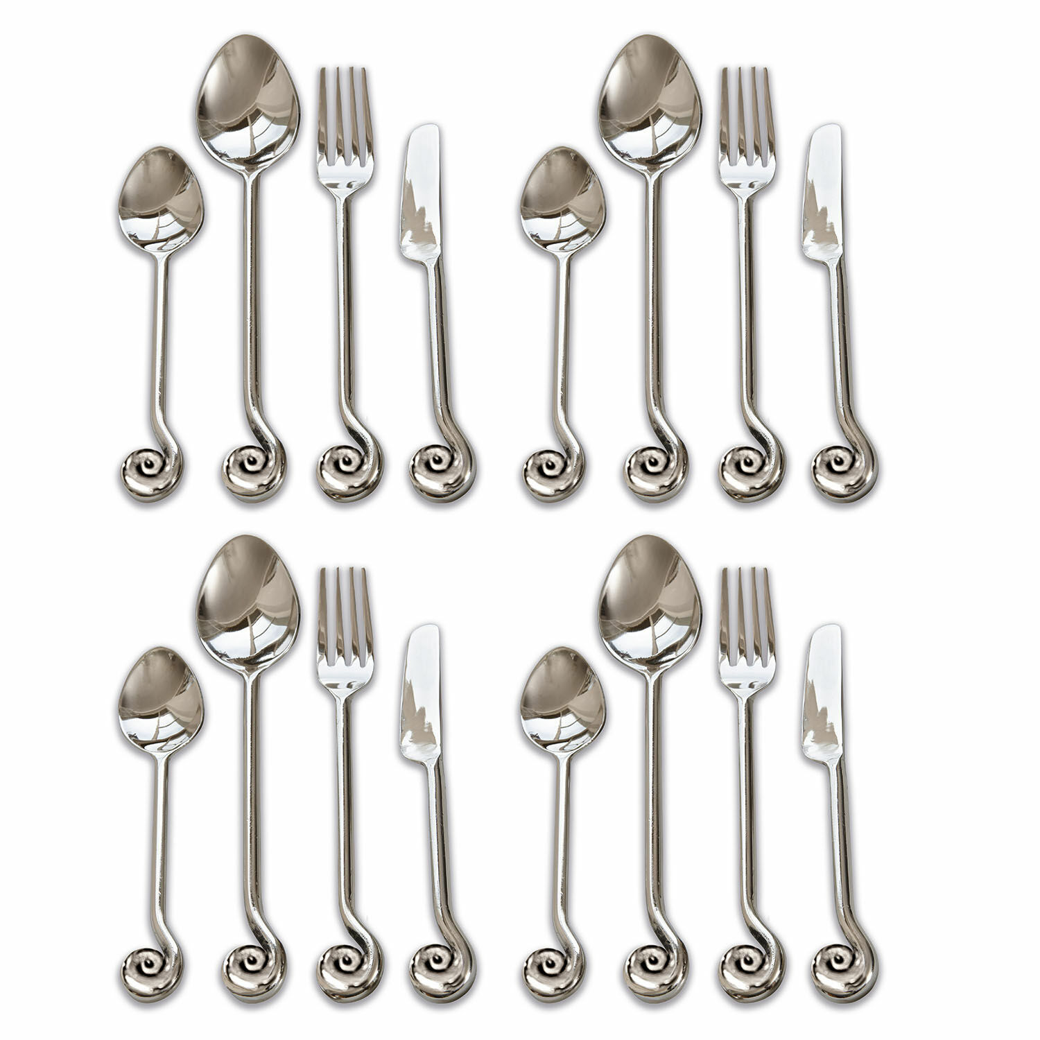 Besteck Hadley Set aus 16 silbernen Besteckteilen aus Edelstahl mit dekorativem Spiralgriff, elegantes Design