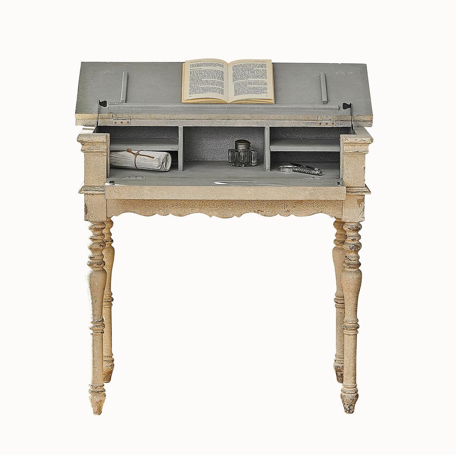Konsole Arterton Vintage-Holzschreibtisch in Beige und Grau mit aufgeklapptem Deckel und Buch auf der Arbeitsfläche