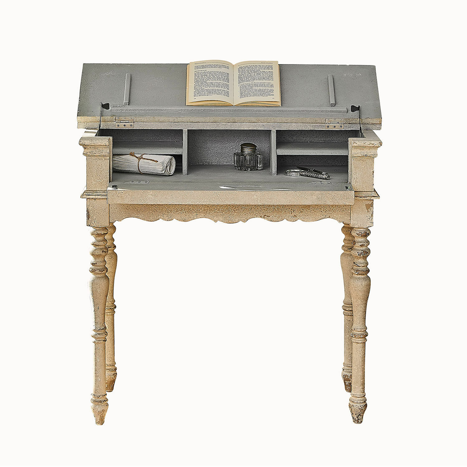 Konsole Arterton Vintage-Holzschreibtisch in Beige und Grau mit aufgeklapptem Deckel und Buch auf der Arbeitsfläche