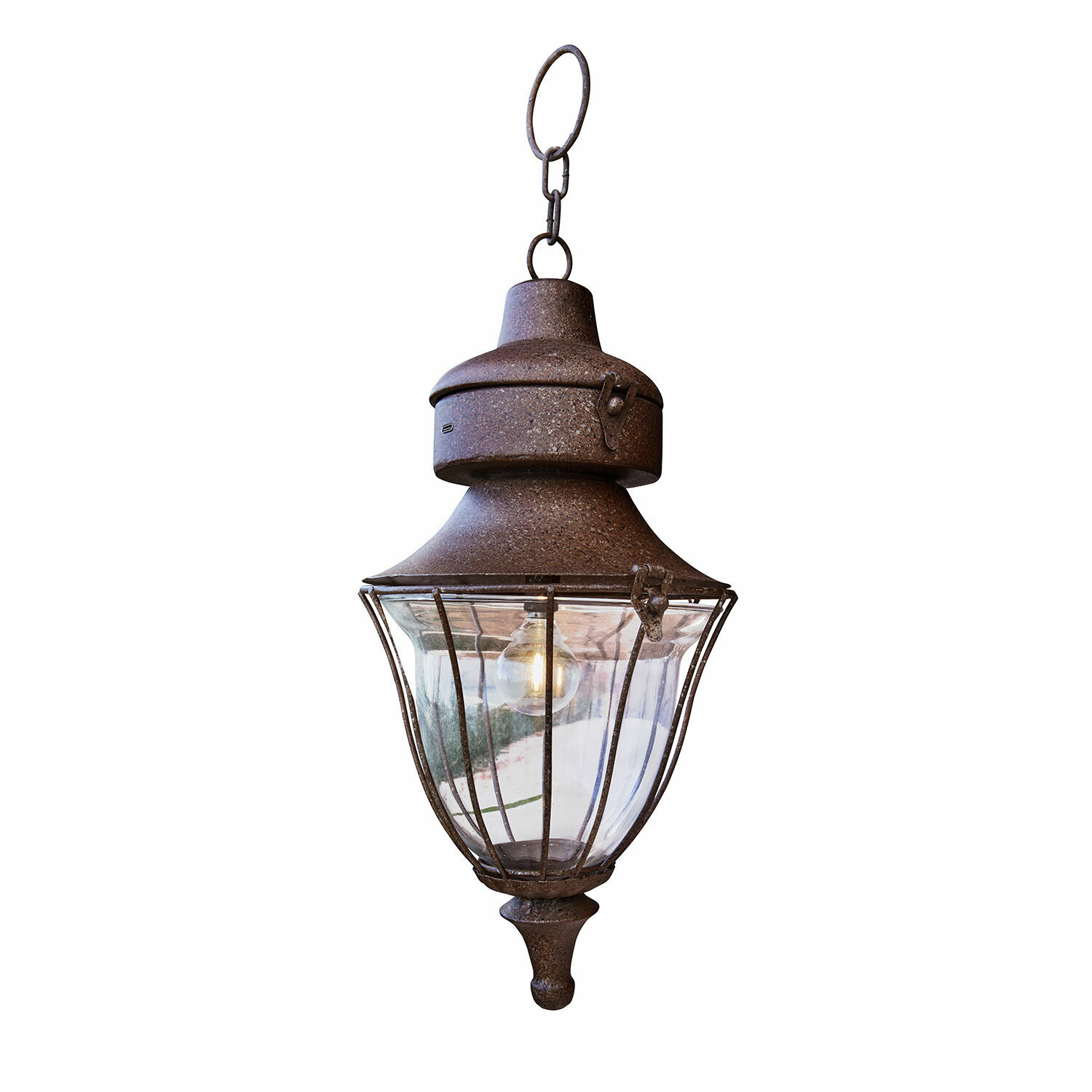 Wiederaufladbare LED-Laterne Gambier Hängende Aussenlampe aus rostigem Metall mit klarem Glas und sichtbarer Glühbirne, rustikales Design