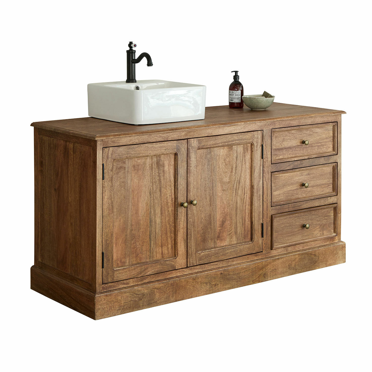 Waschtisch Dorchester Holz-Badezimmerschrank mit weissem Keramikwaschbecken und schwarzem Wasserhahn, Naturholzfarbe