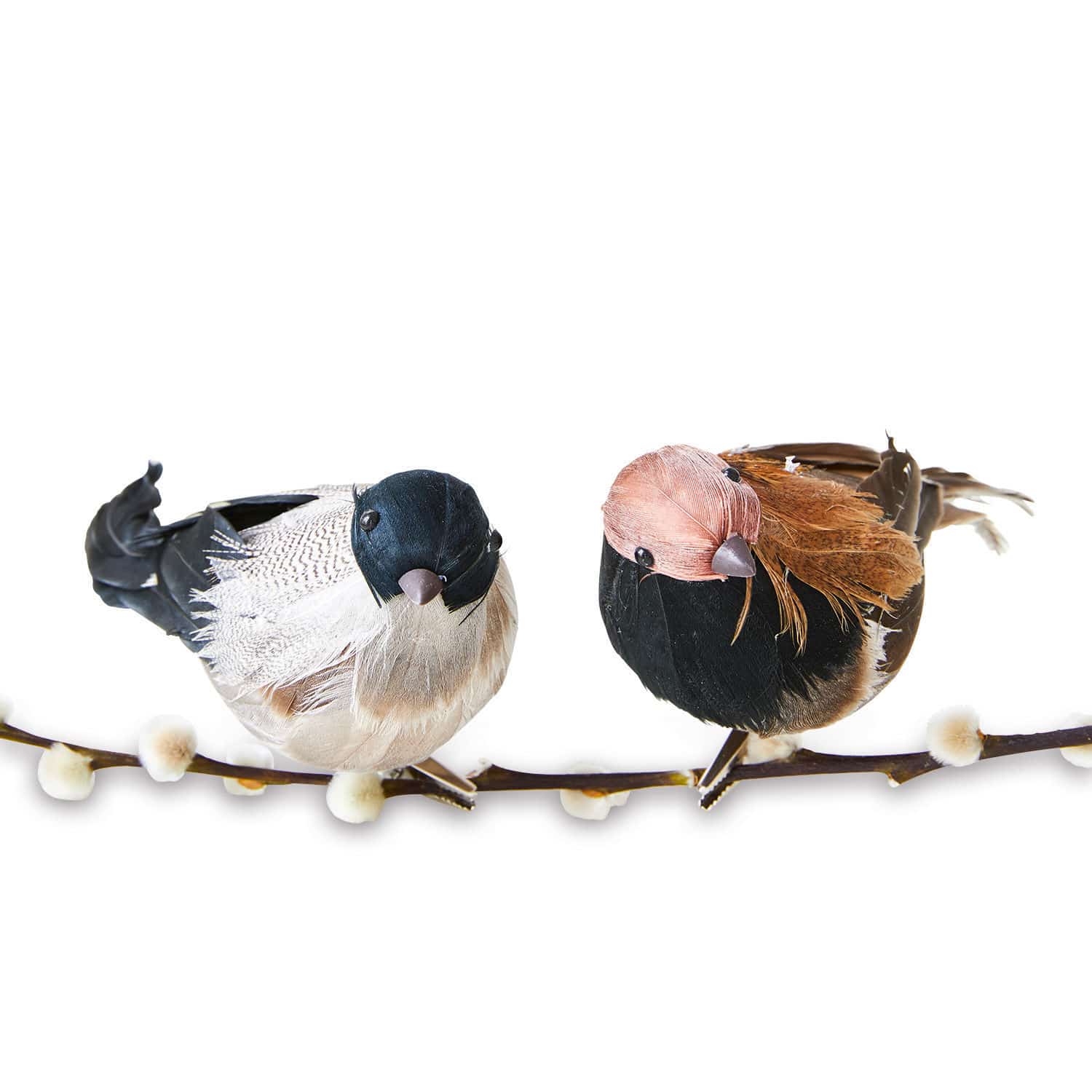 Vogel 2er Set Harera Zwei dekorative Vögel aus Federn auf einem Zweig mit Knospen, natürliche Wohnraumdekoration
