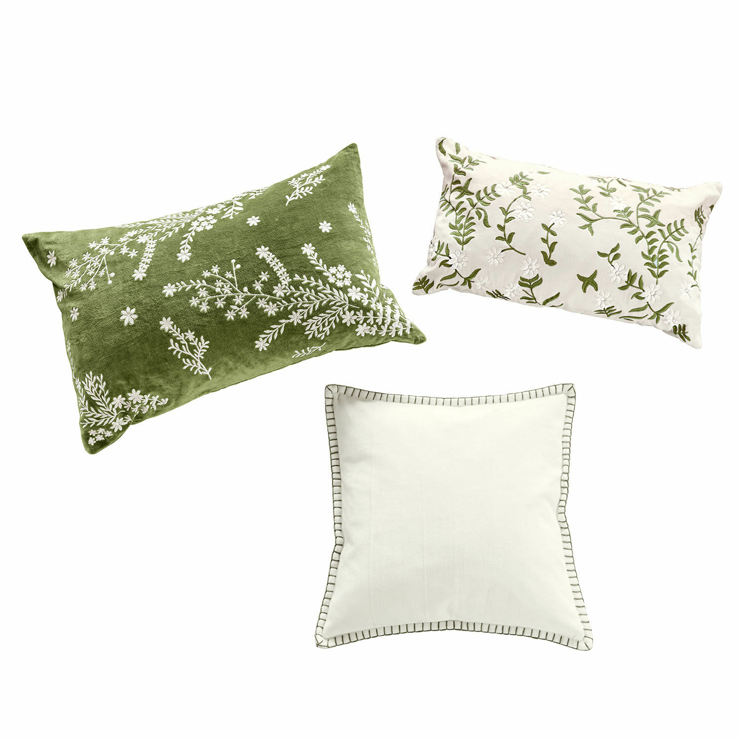 Kissenhülle 3er Set Iplique Set aus drei dekorativen Kissen mit grüner und weisser Stickerei, weiches Material, Wohnaccessoire