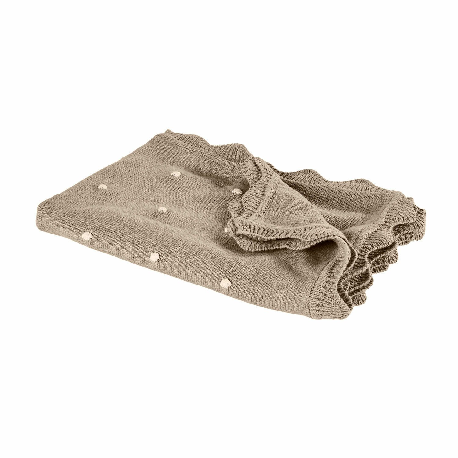 Plaid Saphie Beige gestrickte Decke mit weissen Punkten und Rüschensaum, weiches Material für Wohnraumdekoration