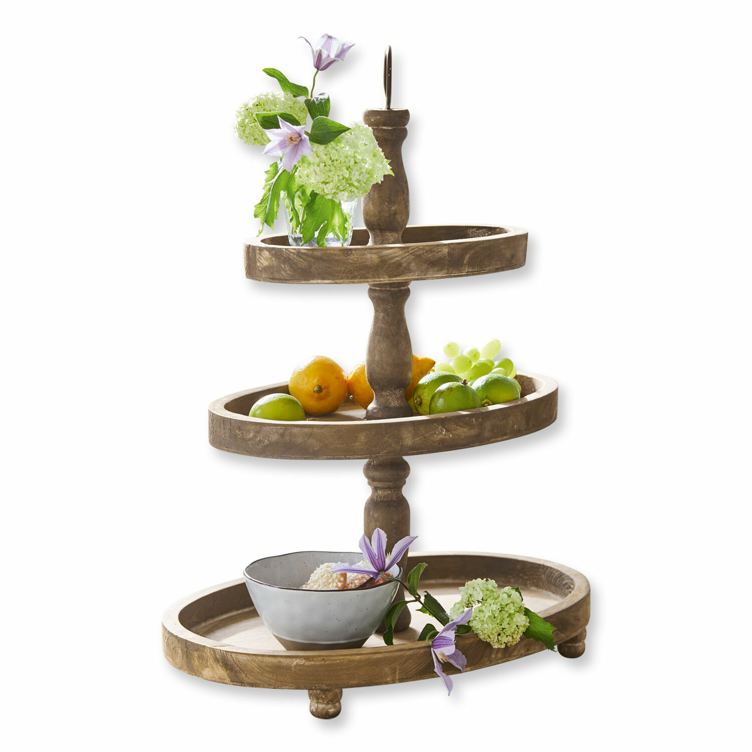 Etagere Olathe Dreistöckiges Tablett aus braunem Holz mit Früchten und Blumen zur Tischdekoration