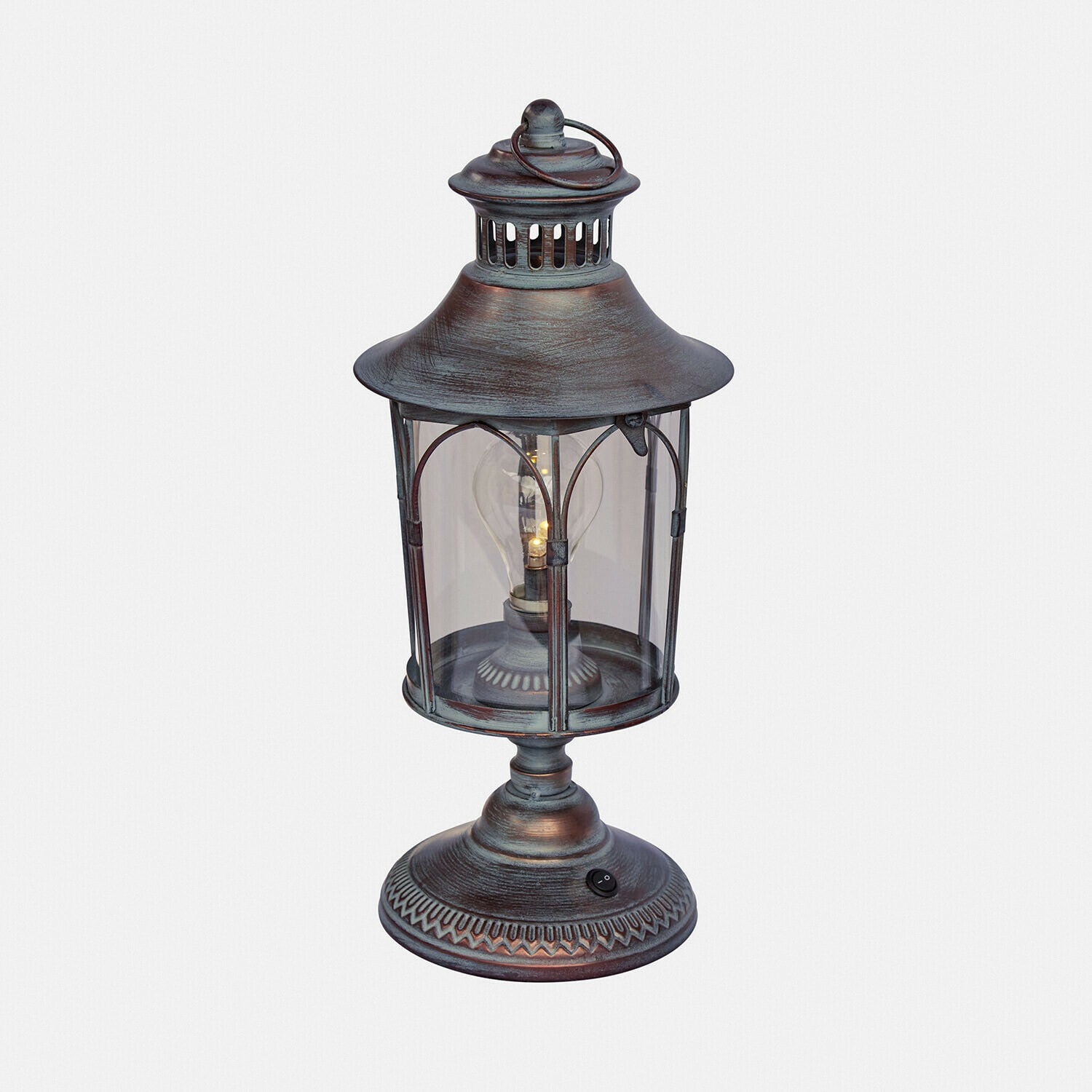 Metall-Tischlampe im Laternenstil mit klarem Glas und Schalter, Farbe antikes Bronze