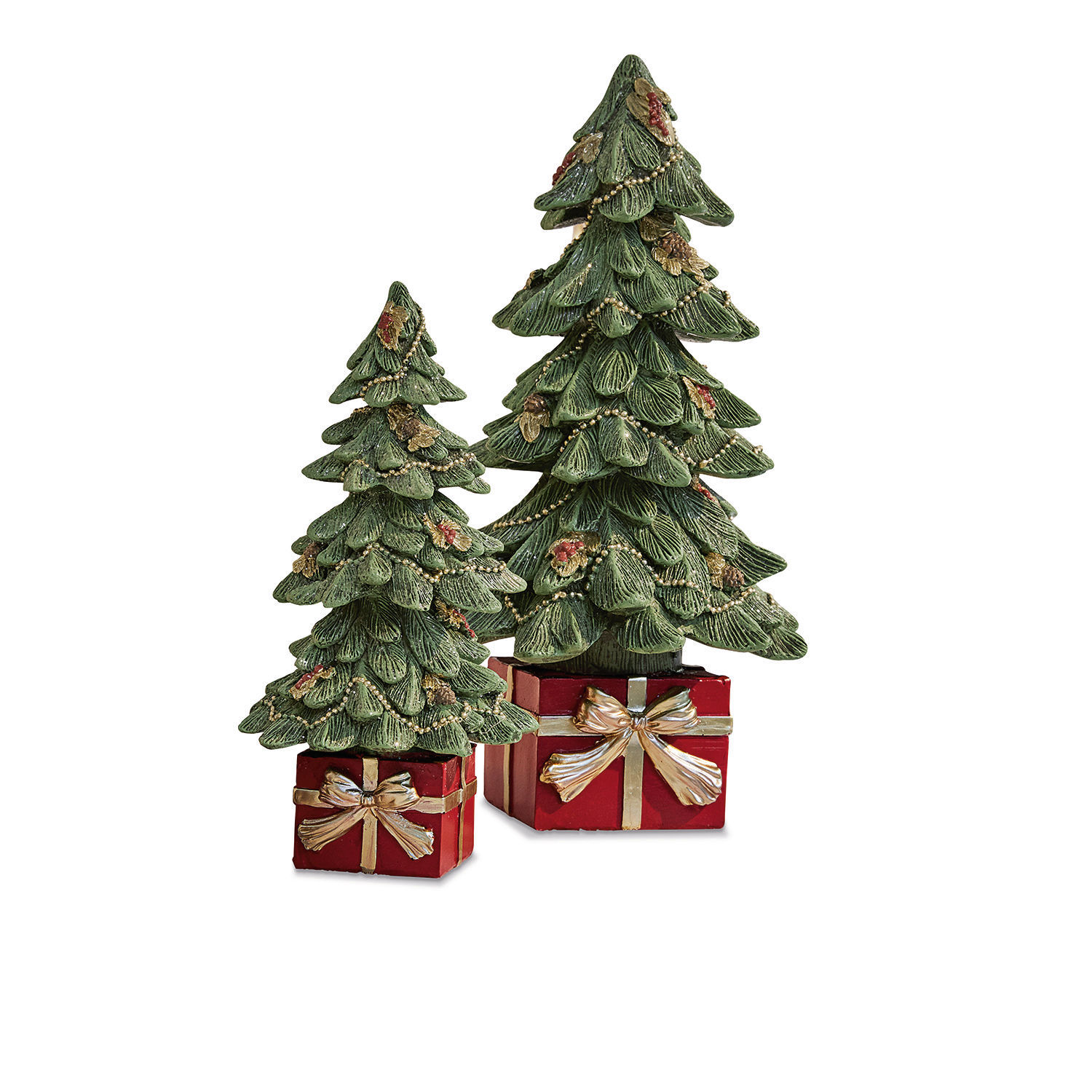Deko-Baum 2er Set Verne Zweiteiliges Set grüner Weihnachtsbaumdekorationen mit roten Geschenken und goldenen Schleifen