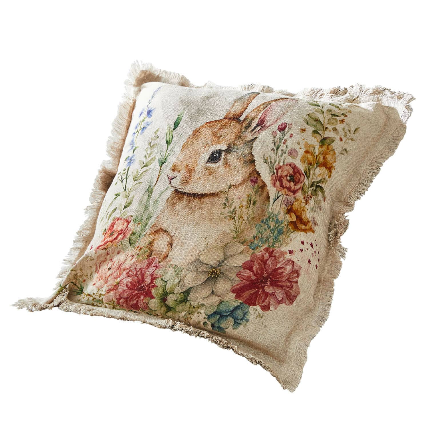 Kissenhülle Parélys Beiges Leinenkissen mit Hasenmotiv und bunten Blumen, dekoratives Wohnaccessoire