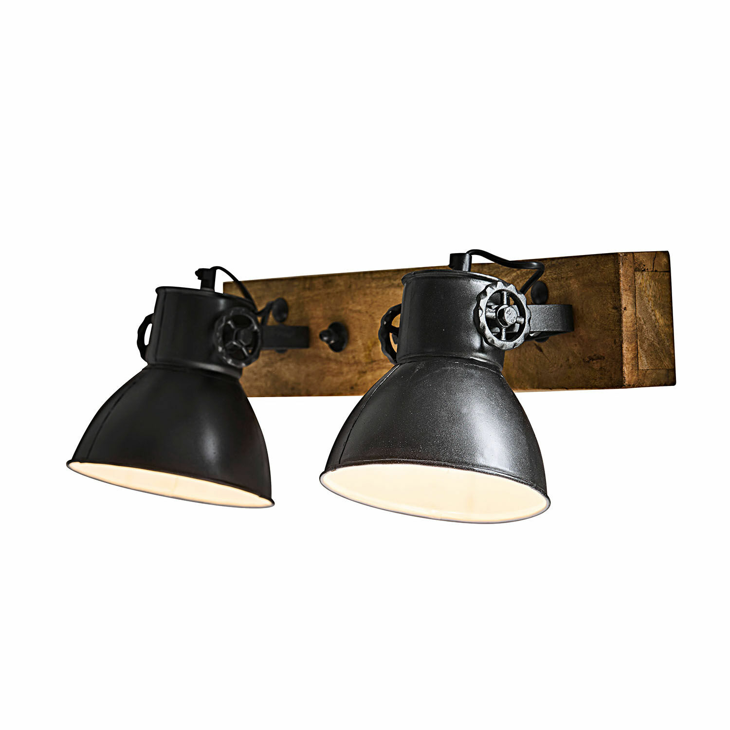 Wandlampe Périgné Schwarze Metall-Wandleuchte mit zwei verstellbaren Schirmen auf Holzplatte, im Industriestil