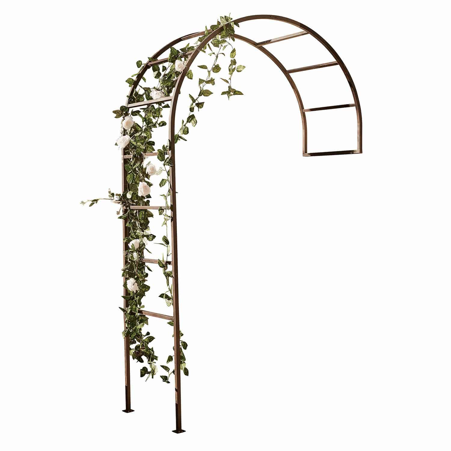 Rosenbogen Auburn Braune Metallbogenpergola mit grünen Blättern und weissen Blumen als Gartendekoration