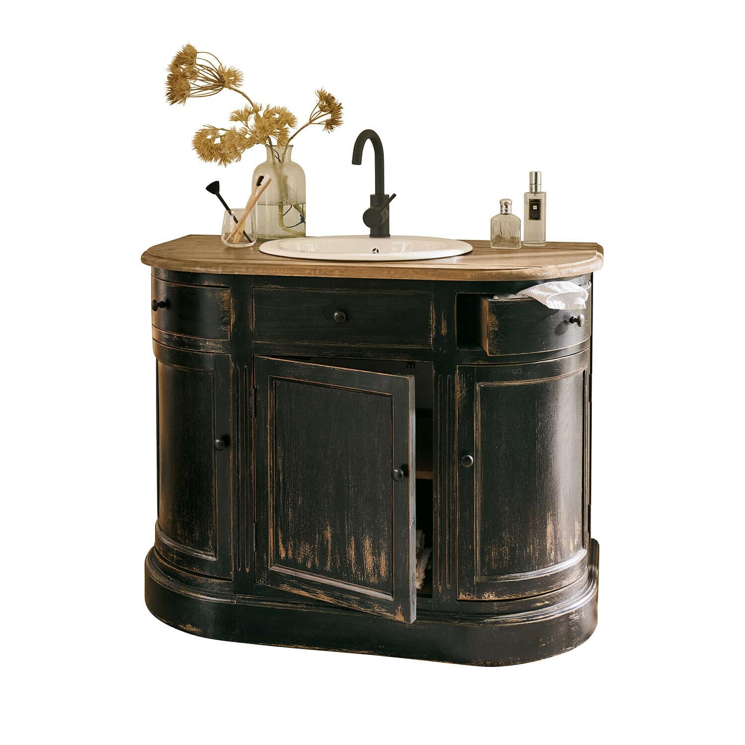 Schwarzer Holz-Badezimmerschrank mit weissem Waschbecken und hellem Holzarbeitsplatte im Landhausstil